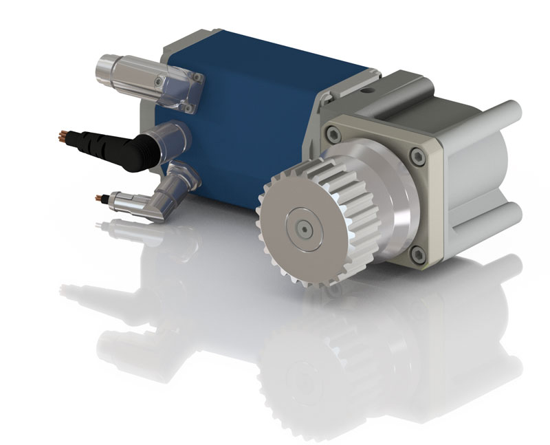 Thanks to their compact design and high efficiency,
drive systems consisting of DC motors as well as
bevel gears and hub gears are beneficial for mobile
applications (photo courtesy of Dunkermotoren).