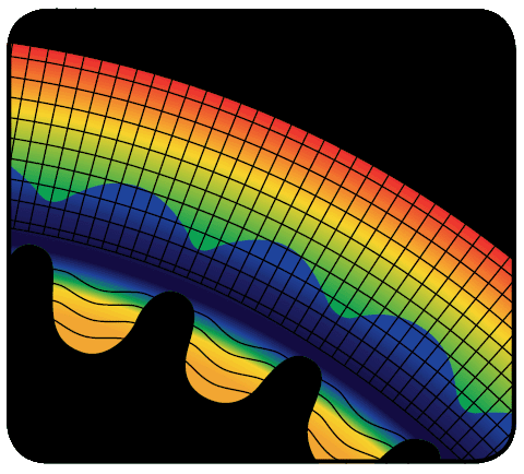 Bending stress (red area) is evenly distributed in a well-engineered notched V-belt, while the tensile cord (between red and yellow bands) remains well supported, all without sacrificing flexibility.